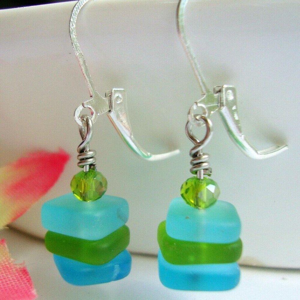 Stacked Blue & Green Sea Glass Earrings